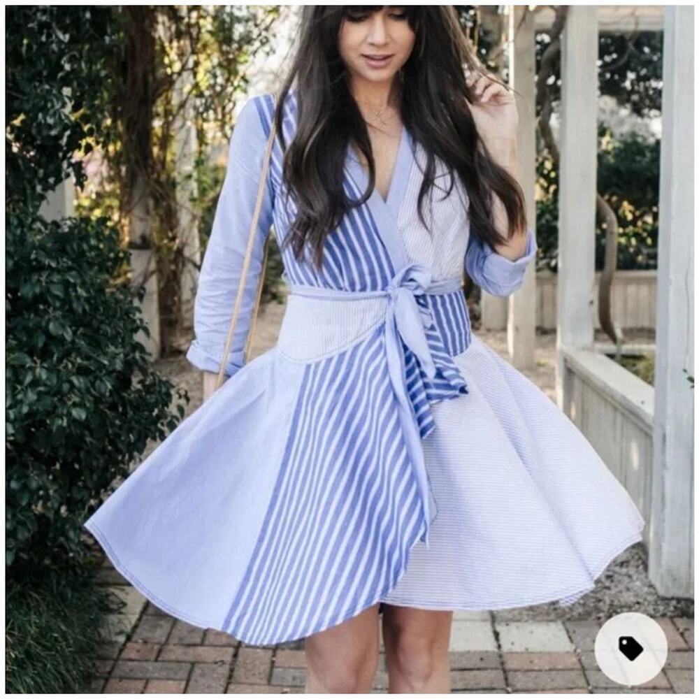 Anthropologie Newport Shirtdress by Maeve Blue White Wrap Mini Dress Size 2